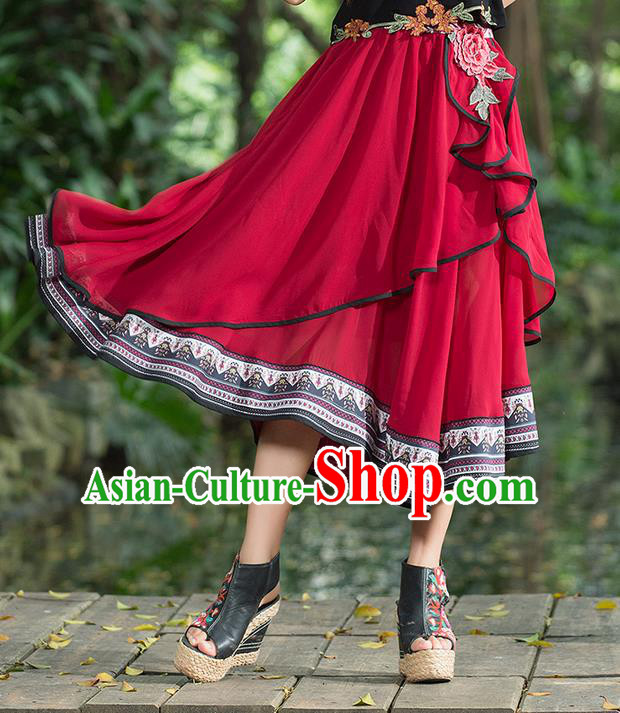 Traditional Ancient Chinese National Costume Pleated Skirt, Elegant Hanfu Embroidered Big Swing Dress, China Tang Suit Bust Skirt for Women