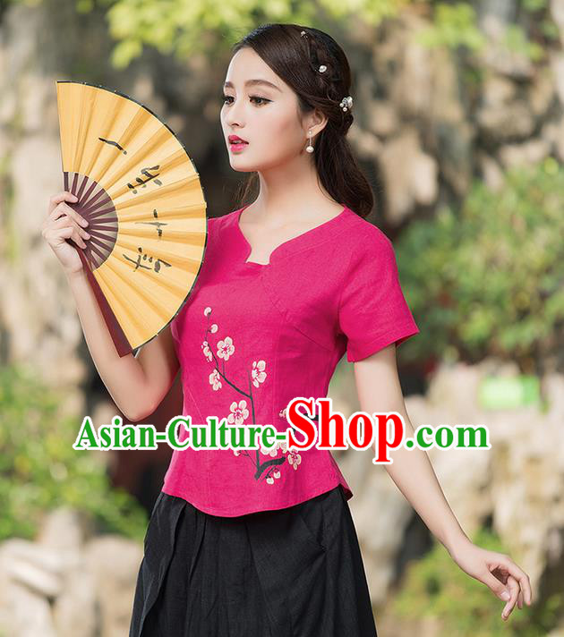 Traditional Ancient Chinese National Costume, Elegant Hanfu Embroidered Peach Blossom Flowers Pink T-Shirt, China Tang Suit Blouse Cheongsam Qipao Shirts Clothing for Women