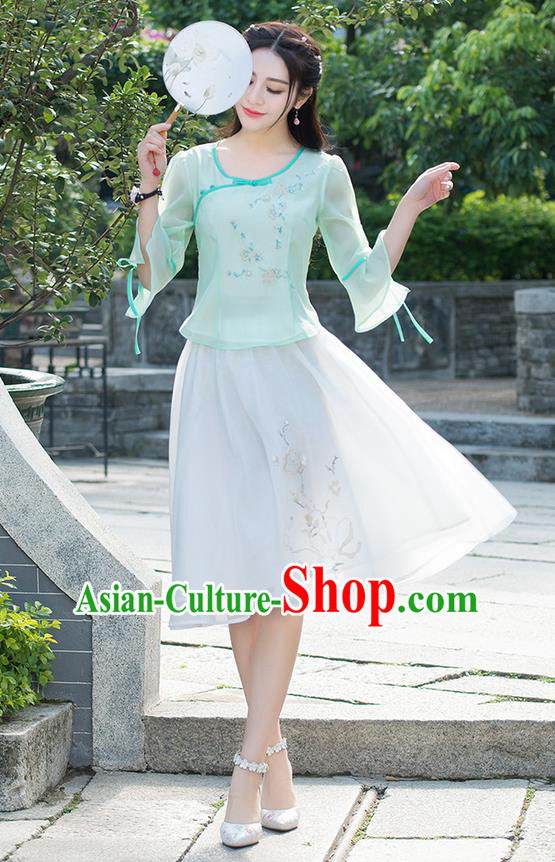 Traditional Ancient Chinese National Pleated Skirt Costume, Elegant Hanfu Embroidered Chiffon White Short Dress, China Tang Suit Bust Skirt for Women