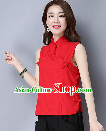 Traditional Ancient Chinese National Costume, Elegant Hanfu Plated Buttons Vest Shirt, China Tang Suit Mandarin Collar Red Blouse Cheongsam Qipao Shirts Clothing for Women