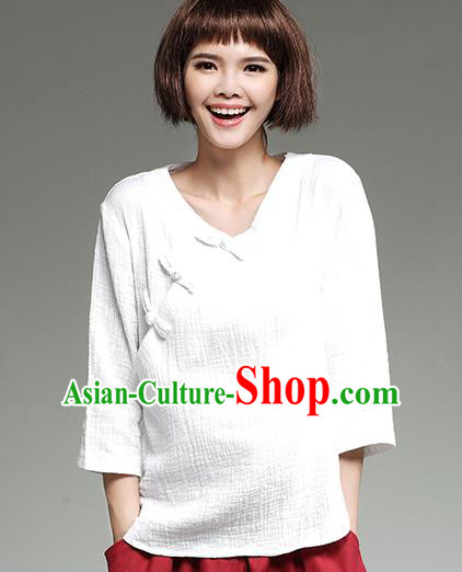 Traditional Ancient Chinese National Costume, Elegant Hanfu Plated Buttons Shirt, China Tang Suit Slant Opening White Blouse Cheongsam Qipao Shirts Clothing for Women