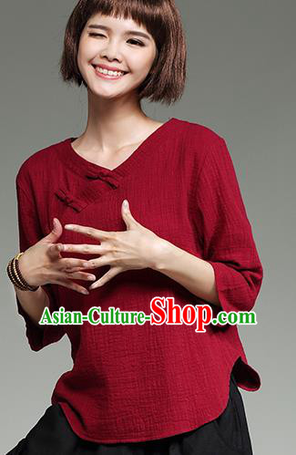 Traditional Ancient Chinese National Costume, Elegant Hanfu Plated Buttons Shirt, China Tang Suit Slant Opening Red Blouse Cheongsam Qipao Shirts Clothing for Women