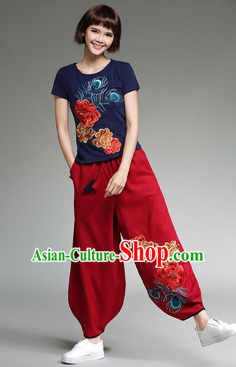 Traditional Chinese National Costume Plus Fours, Elegant Hanfu Embroidered Red Bloomers, China Ethnic Minorities Tang Suit Pantalettes for Women