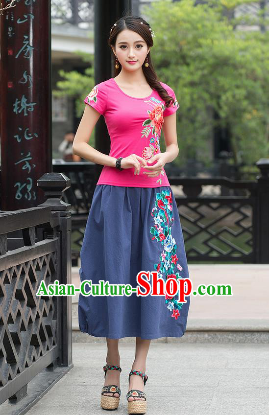 Traditional Ancient Chinese National Costume, Elegant Hanfu Embroidered Peony Pink T-Shirt, China Tang Suit Blouse Cheongsam Qipao Shirts Clothing for Women