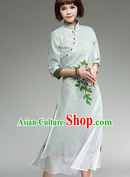 Traditional Ancient Chinese National Costume, Elegant Hanfu Mandarin Qipao Linen Hand Painting Dress, China Tang Suit Cheongsam Upper Outer Garment Elegant Dress Clothing for Women