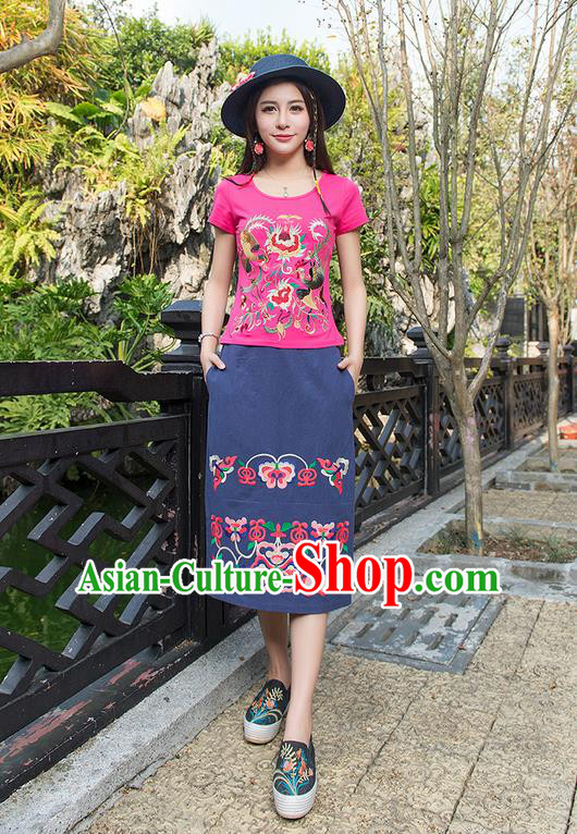 Traditional Chinese National Costume, Elegant Hanfu Embroidery Phoenix Totem Pink T-Shirt, China Tang Suit Blouse Cheongsam Upper Outer Garment Qipao Shirts Clothing for Women