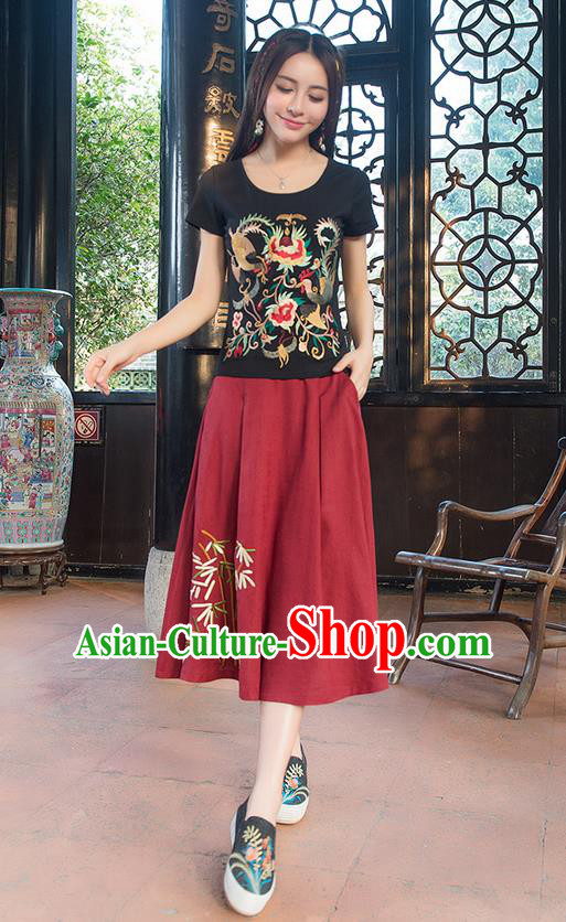 Traditional Chinese National Costume, Elegant Hanfu Embroidery Phoenix Totem Black T-Shirt, China Tang Suit Blouse Cheongsam Upper Outer Garment Qipao Shirts Clothing for Women