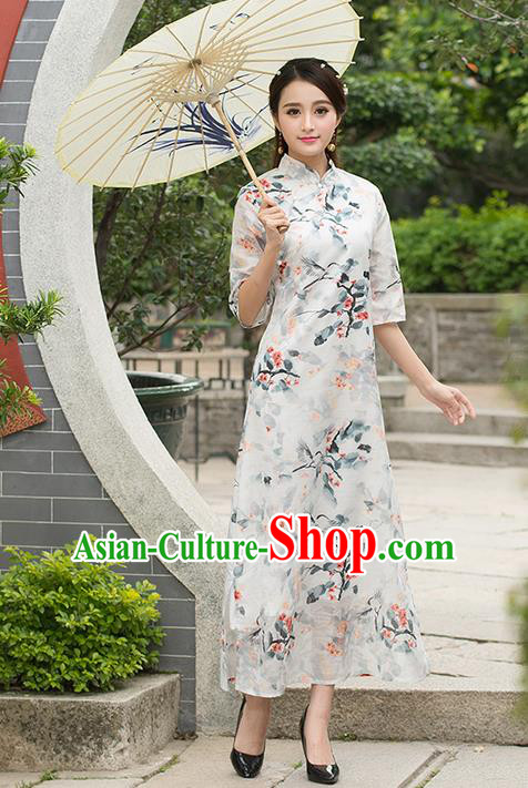 Traditional Ancient Chinese National Costume, Elegant Hanfu Mandarin Qipao Painting Crane Dress, China Tang Suit Stand Collar Cheongsam Upper Outer Garment Elegant Dress Clothing for Women