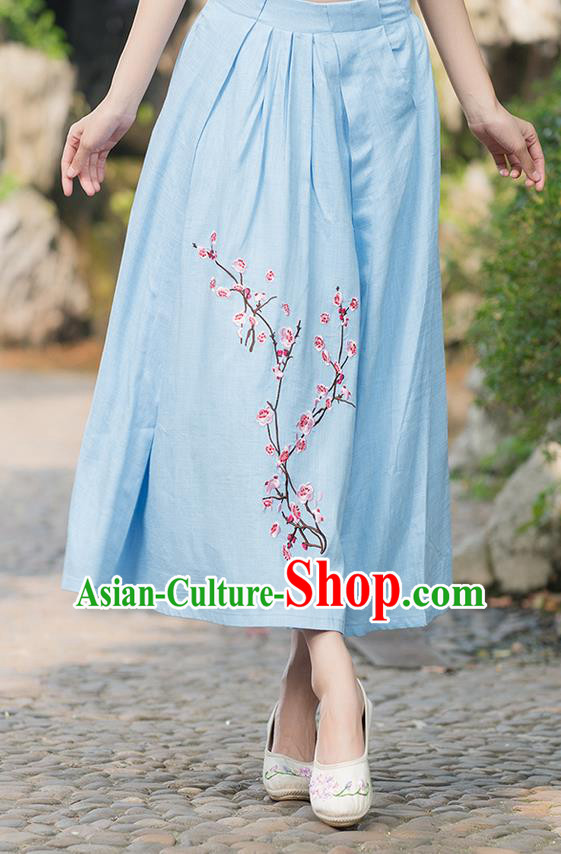 Traditional Ancient Chinese National Costume Pleated Skirt, Elegant Hanfu Embroidered Plum Blossom Linen Blue Dress, China Tang Suit Bust Skirt for Women