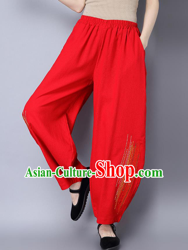 Traditional Chinese National Costume Plus Fours, Elegant Hanfu Embroidered Red Bloomers, China Ethnic Minorities Tang Suit Pantalettes for Women