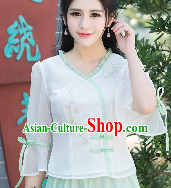 Traditional Ancient Chinese National Costume, Elegant Hanfu Chiffon Embroidered Shirt, China Tang Suit Mandarin Sleeve Blouse Cheongsam Qipao Shirts Clothing for Women