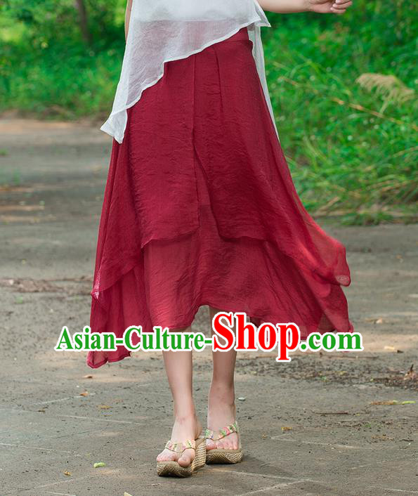 Traditional Ancient Chinese National Pleated Skirt Costume, Elegant Hanfu Linen Red Dress, China Tang Suit Bust Skirt for Women