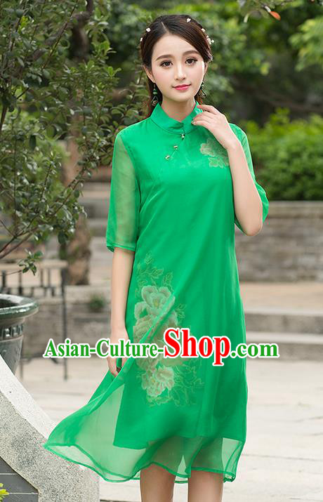 Traditional Ancient Chinese National Costume, Grace Hanfu Mandarin Qipao Embroidered Green Dress, China Tang Suit Stand Collar Cheongsam Upper Outer Garment Elegant Dress Clothing for Women