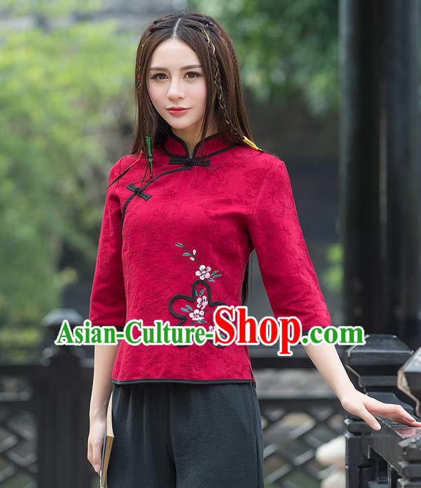 Traditional Ancient Chinese National Costume, Elegant Hanfu Jacquard Weave Slant Opening Red Shirt, China Tang Suit Blouse Cheongsam Qipao Shirts Clothing for Women