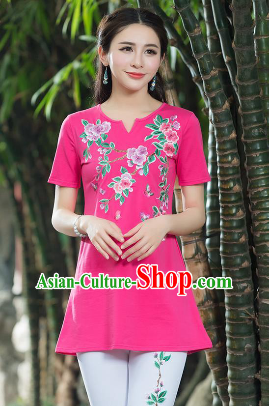 Traditional Chinese National Costume, Elegant Hanfu Embroidery Peach Blossom Flowers Pink T-Shirt, China Tang Suit Blouse Cheongsam Upper Outer Garment Qipao Shirts Clothing for Women