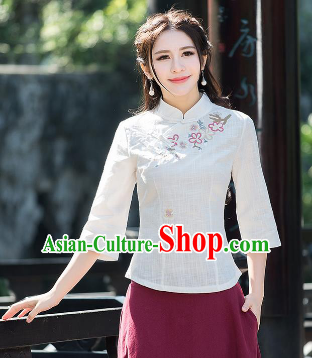 Traditional Ancient Chinese National Costume, Elegant Hanfu Linen Stand Collar Embroidered Shirt, China Tang Suit Mandarin Collar Blouse Cheongsam Qipao Shirts Clothing for Women