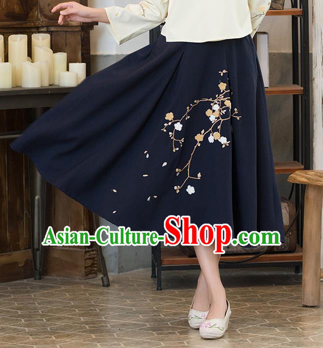 Traditional Ancient Chinese National Pleated Skirt Costume, Elegant Hanfu Embroidered Long Dress, China Tang Suit Royalblue Bust Skirt for Women