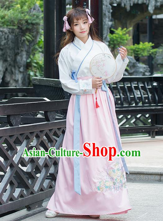 Traditional Ancient Chinese Costume, Elegant Hanfu Clothing Embroidered Slant Opening Blouse and Dress, China Ming Dynasty Elegant Blouse and Pink Ru Skirt Complete Set for Women