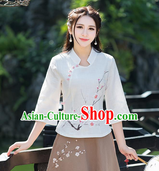 Traditional Ancient Chinese National Costume, Elegant Hanfu Embroidered Peach Flower White Shirt, China Ming Dynasty Tang Suit Blouse Cheongsam Qipao Shirts Clothing for Women