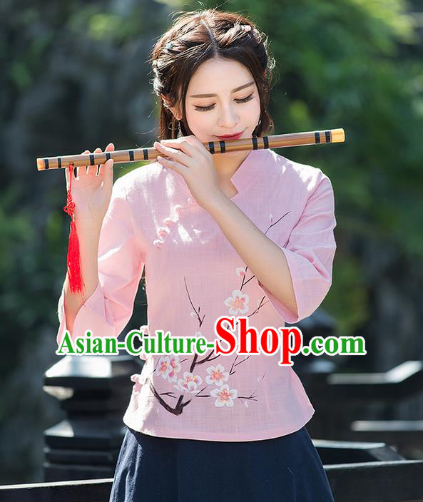 Traditional Ancient Chinese National Costume, Elegant Hanfu Embroidered Peach Flower Pink Shirt, China Ming Dynasty Tang Suit Blouse Cheongsam Qipao Shirts Clothing for Women