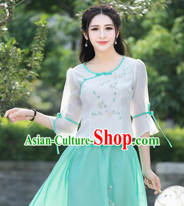 Traditional Ancient Chinese National Costume, Elegant Hanfu Chiffon Embroidered White Shirt, China Tang Suit Mandarin Sleeve Blouse Cheongsam Qipao Shirts Clothing for Women