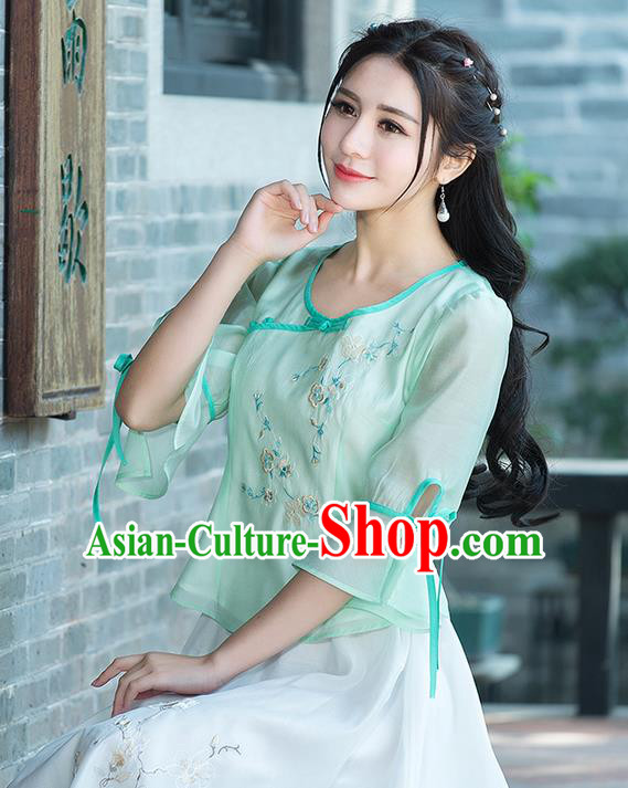 Traditional Ancient Chinese National Costume, Elegant Hanfu Chiffon Embroidered Green Shirt, China Tang Suit Mandarin Sleeve Blouse Cheongsam Qipao Shirts Clothing for Women