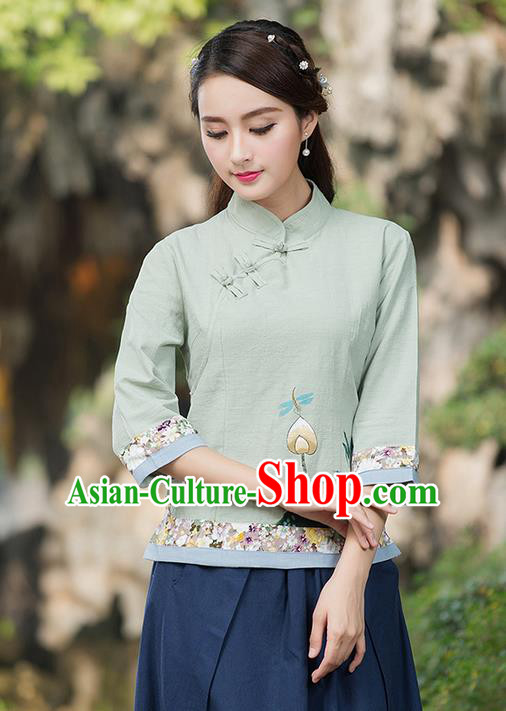 Traditional Ancient Chinese National Costume, Elegant Hanfu Linen Embroidered Green Shirt, China Tang Suit Mandarin Collar Blouse Cheongsam Qipao Shirts Clothing for Women