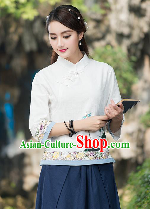 Traditional Ancient Chinese National Costume, Elegant Hanfu Linen Embroidered White Shirt, China Tang Suit Mandarin Collar Blouse Cheongsam Qipao Shirts Clothing for Women