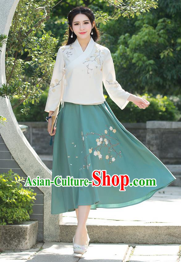 Traditional Chinese National Pleated Skirt Costume, Elegant Hanfu Embroidered Plum Blossom Long Green Dress, China Tang Suit Bust Skirt for Women