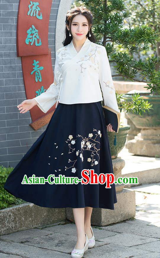 Traditional Chinese National Pleated Skirt Costume, Elegant Hanfu Embroidered Plum Blossom Long Navy Dress, China Tang Suit Bust Skirt for Women
