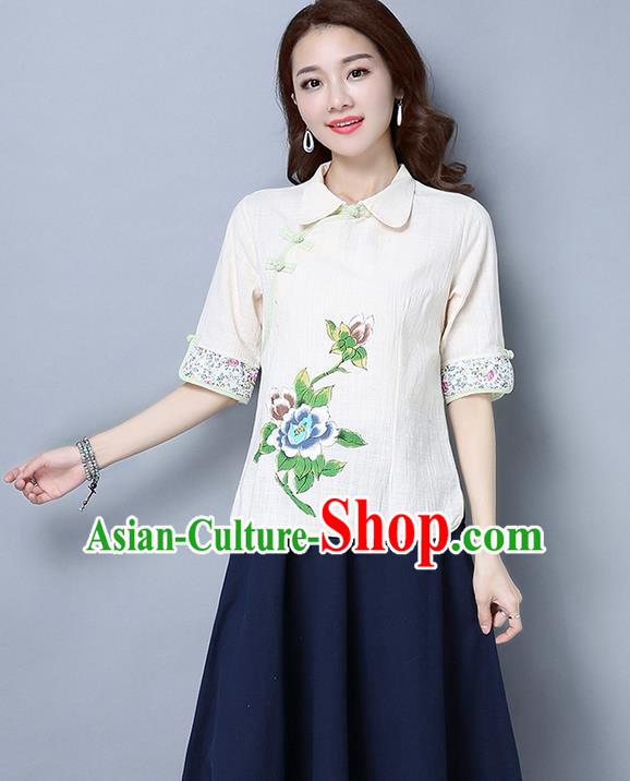 Traditional Ancient Chinese National Costume, Elegant Hanfu Linen Printing White T-Shirt, China Tang Suit Blouse Cheongsam Qipao Shirts Clothing for Women