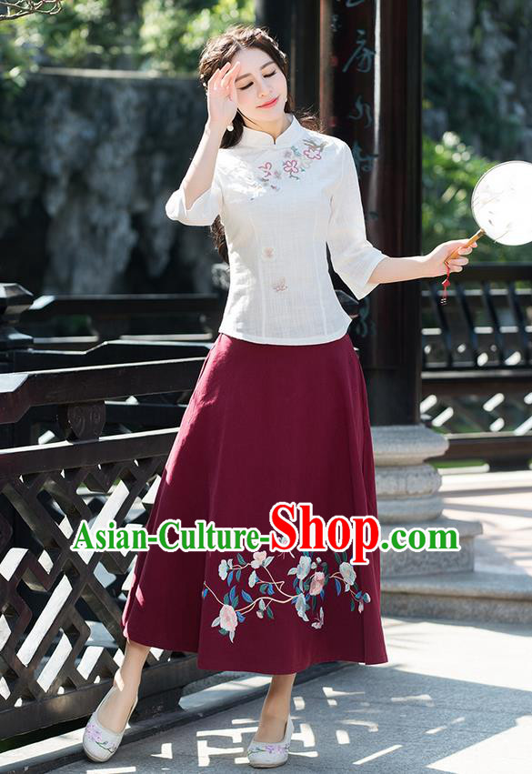Traditional Ancient Chinese National Pleated Skirt Costume, Elegant Hanfu Embroidered Flowers Birds Red Half Dress, China Tang Suit Bust Skirt for Women