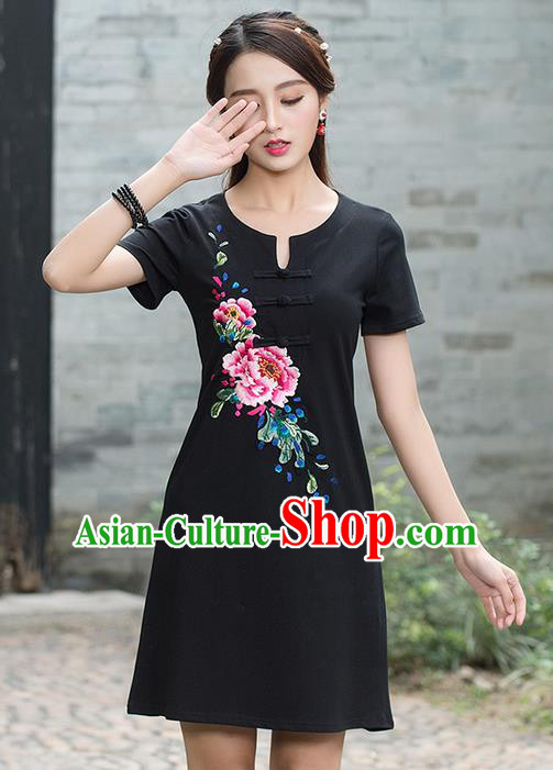 Traditional Ancient Chinese National Costume, Elegant Hanfu Plated Buttons Linen Embroidered Black Dress, China Tang Suit Cheongsam Upper Outer Garment Elegant Dress Clothing for Women