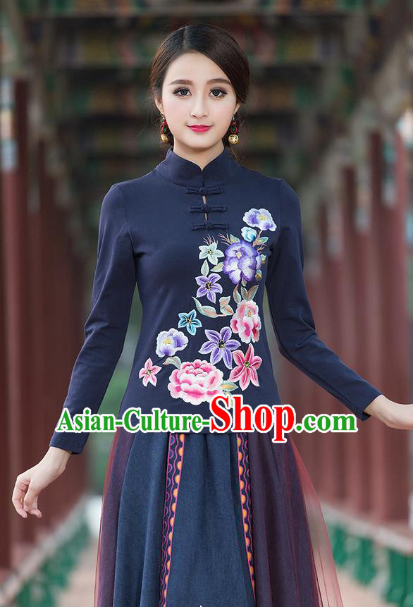 Traditional Chinese National Costume, Elegant Hanfu Embroidery Flowers Stand Collar Navy T-Shirt, China Tang Suit Plated Buttons Blouse Cheongsam Upper Outer Garment Qipao Shirts Clothing for Women