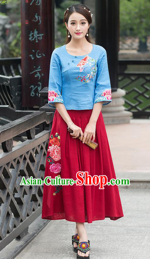 Traditional Ancient Chinese National Costume, Elegant Hanfu Linen Delicacy Embroidered Blue T-Shirt, China Tang Suit Mandarin Collar Blouse Cheongsam Qipao Shirts Clothing for Women