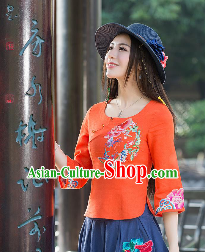 Traditional Ancient Chinese National Costume, Elegant Hanfu Linen Delicacy Embroidered Orange T-Shirt, China Tang Suit Mandarin Collar Blouse Cheongsam Qipao Shirts Clothing for Women
