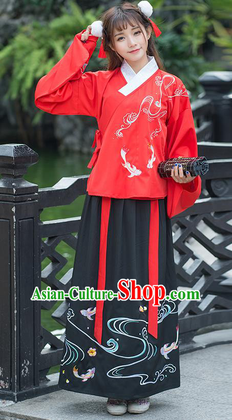 Traditional Ancient Chinese Costume, Elegant Hanfu Clothing Embroidered Fancy Carp Wide Sleeve Blouse and Dress, China Ming Dynasty Elegant Red Blouse and Ru Skirt Complete Set for Women