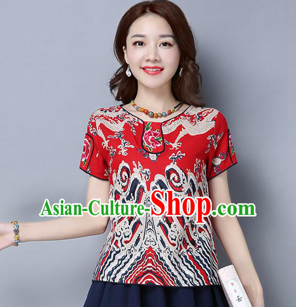 Traditional Ancient Chinese National Costume, Elegant Hanfu Linen Embroidered Red T-Shirt, China Tang Suit Blouse Cheongsam Qipao Shirts Clothing for Women