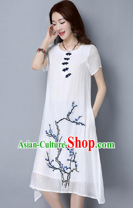 Traditional Ancient Chinese National Costume, Elegant Hanfu Mandarin Qipao Linen Hand Painting Plum Blossom White Dress, China Tang Suit Plate Buttons Cheongsam Upper Outer Garment Elegant Dress Clothing for Women