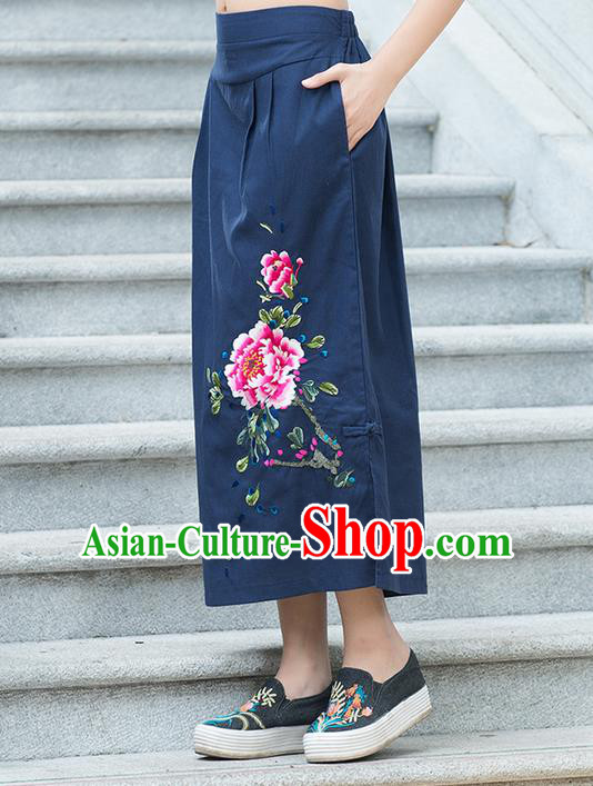 Traditional Ancient Chinese National Pleated Skirt Costume, Elegant Hanfu Embroidered Peony Linen Navy Half Dress, China Tang Suit Bust Skirt for Women
