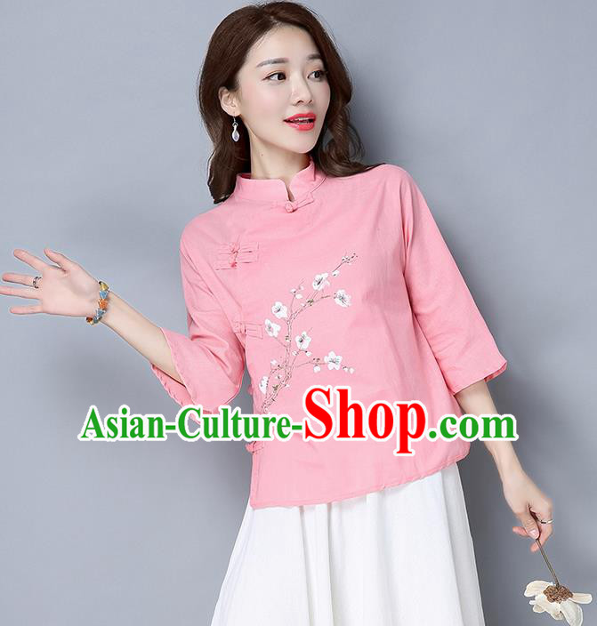 Traditional Chinese National Costume, Elegant Hanfu Embroidery Stand Collar Pink Shirt, China Tang Suit Plated Buttons Blouse Cheongsam Upper Outer Garment Qipao Shirts Clothing for Women