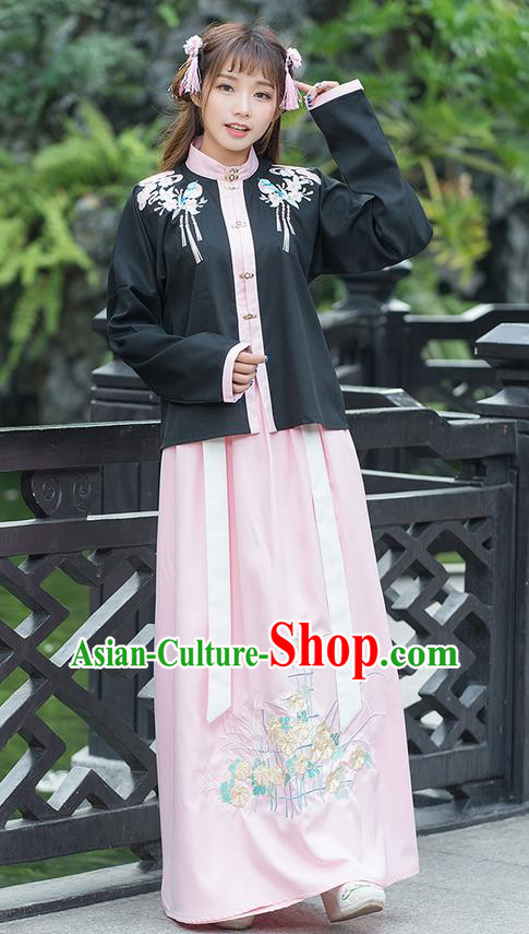 Traditional Ancient Chinese Costume, Elegant Hanfu Clothing Embroidered Birds Stand Collar Blouse and Dress, China Ming Dynasty Elegant Blouse and Ru Skirt Complete Set for Women