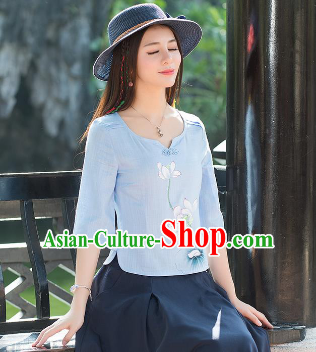 Traditional Chinese National Costume, Elegant Hanfu Painting Lotus Flowers Round Collar Blue T-Shirt, China Tang Suit Plated Buttons Blouse Cheongsam Upper Outer Garment Qipao Shirts Clothing for Women