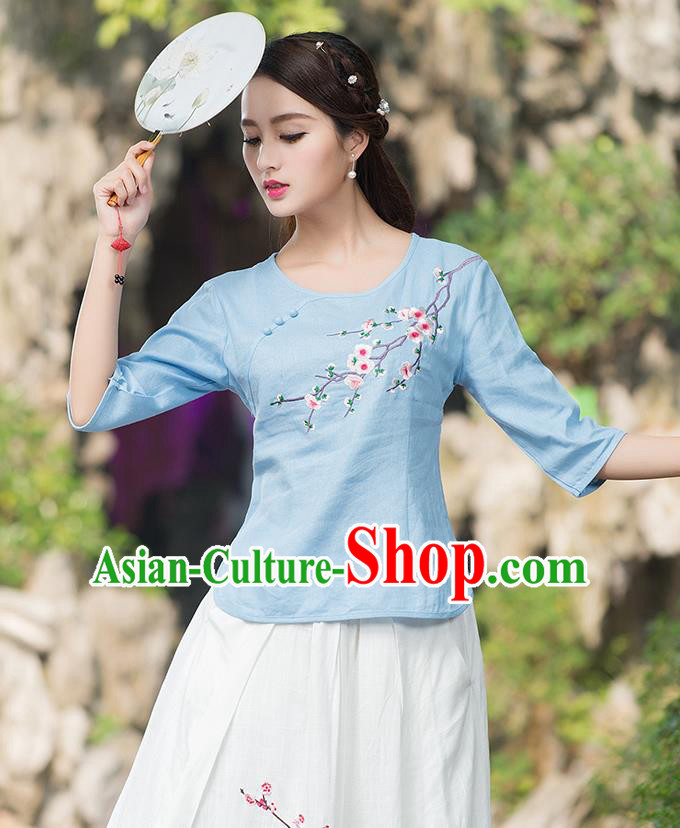 Traditional Chinese National Costume, Elegant Hanfu Embroidery Plum Blossom Round Collar Blue T-Shirt, China Tang Suit Plated Buttons Blouse Cheongsam Upper Outer Garment Qipao Shirts Clothing for Women