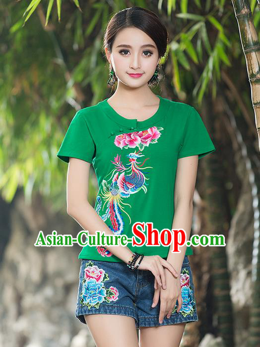 Traditional Chinese National Costume, Elegant Hanfu Embroidery Phoenix Round Collar Green T-Shirt, China Tang Suit Plated Buttons Blouse Cheongsam Upper Outer Garment Qipao Shirts Clothing for Women