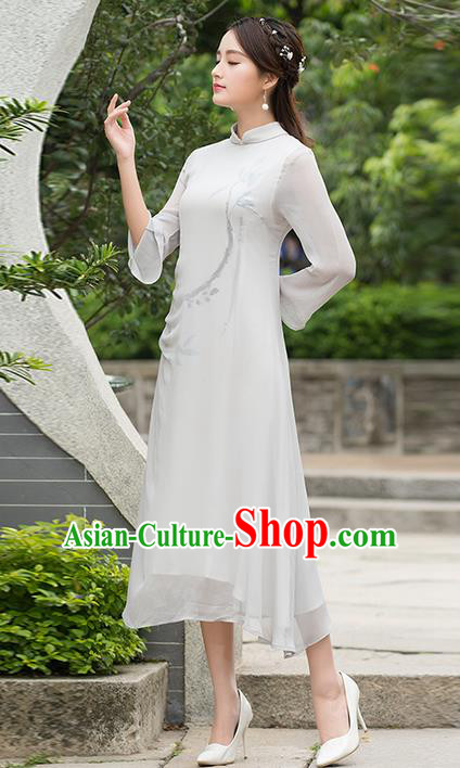 Traditional Ancient Chinese National Costume, Elegant Hanfu Mandarin Qipao Ink Painting Chiffon Dress, China Tang Suit Cheongsam Upper Outer Garment Elegant Dress Clothing for Women