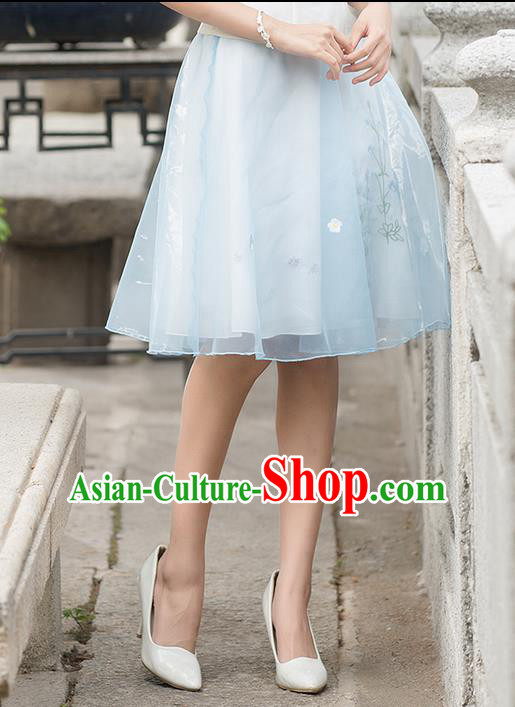 Traditional Ancient Chinese National Pleated Skirt Costume, Elegant Hanfu Embroidered Short Dress, China Tang Suit Blue Bust Skirt for Women