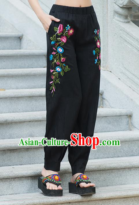 Traditional Chinese National Costume Plus Fours, Elegant Hanfu Embroidered Black Bloomers, China Ethnic Minorities Tang Suit Pantalettes for Women