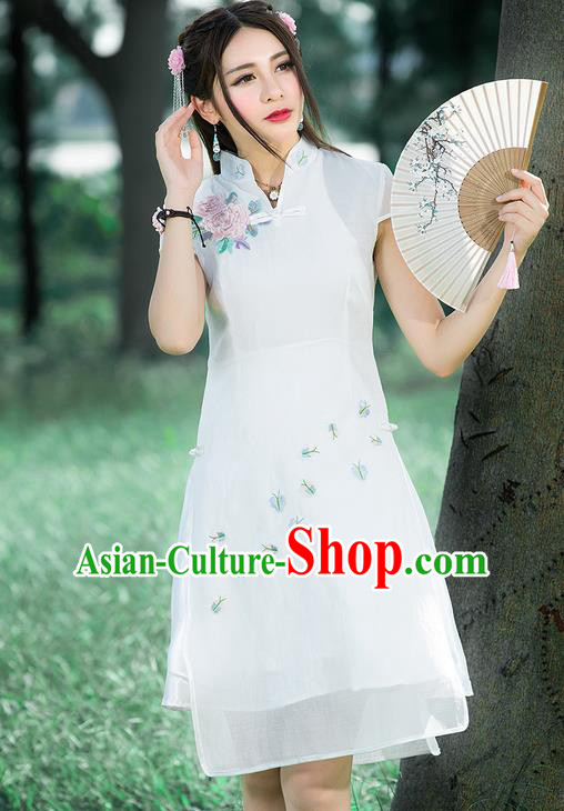 Traditional Ancient Chinese National Costume, Elegant Hanfu Mandarin Qipao Embroidered White Stand Collar Dress, China Tang Suit Plated Buttons Cheongsam Upper Outer Garment Elegant Dress Clothing for Women