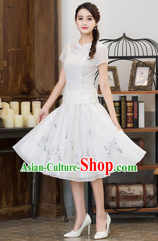 Traditional Ancient Chinese National Pleated Skirt Costume, Elegant Hanfu Embroidered Organza Long Dress, China Tang Suit White Bust Skirt for Women